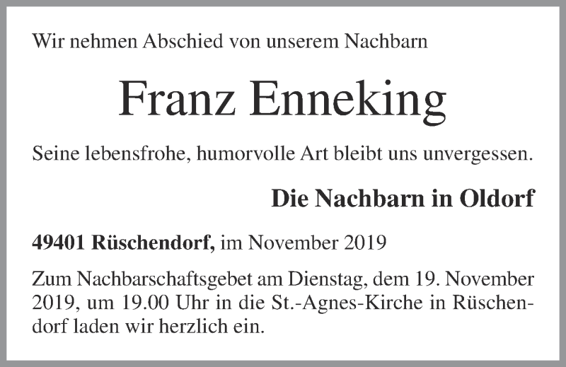  Traueranzeige für Franz Enneking vom 18.11.2019 aus OM-Medien