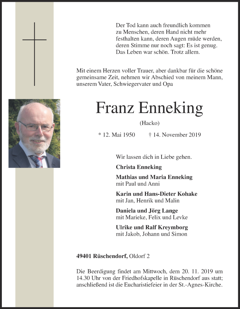  Traueranzeige für Franz Enneking vom 16.11.2019 aus OM-Medien