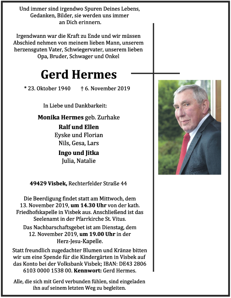 Traueranzeige für Gerd Hermes vom 08.11.2019 aus OM-Medien