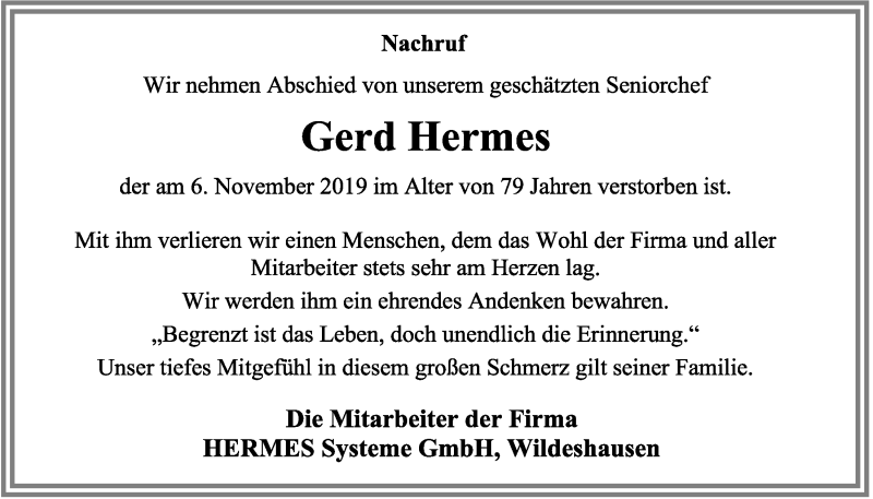  Traueranzeige für Gerd Hermes vom 09.11.2019 aus OM-Medien