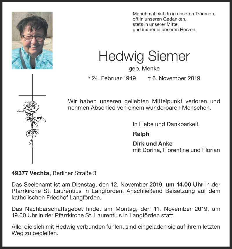  Traueranzeige für Hedwig Siemer vom 08.11.2019 aus OM-Medien