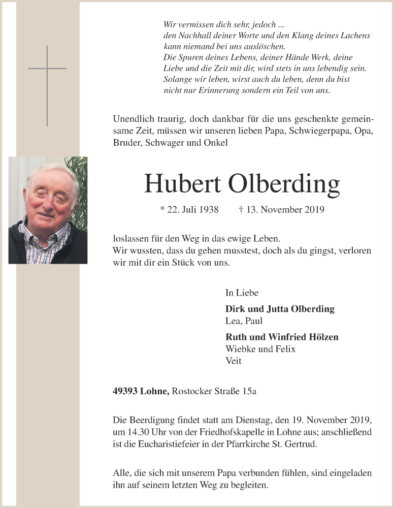  Traueranzeige für Hubert Olberding vom 15.11.2019 aus OM-Medien