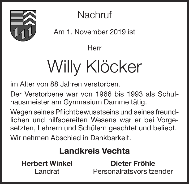  Traueranzeige für Willy Klöcker vom 06.11.2019 aus OM-Medien
