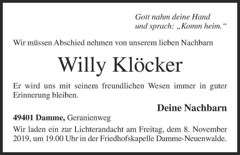  Traueranzeige für Willy Klöcker vom 06.11.2019 aus OM-Medien