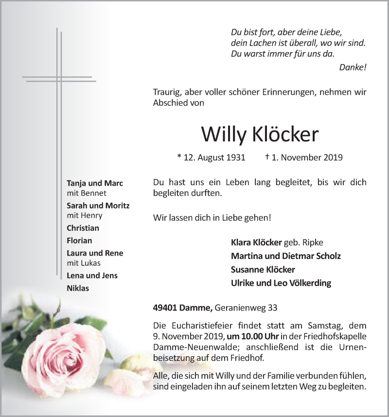  Traueranzeige für Willy Klöcker vom 05.11.2019 aus OM-Medien