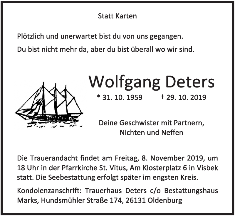  Traueranzeige für Wolfgang Deters vom 05.11.2019 aus OM-Medien