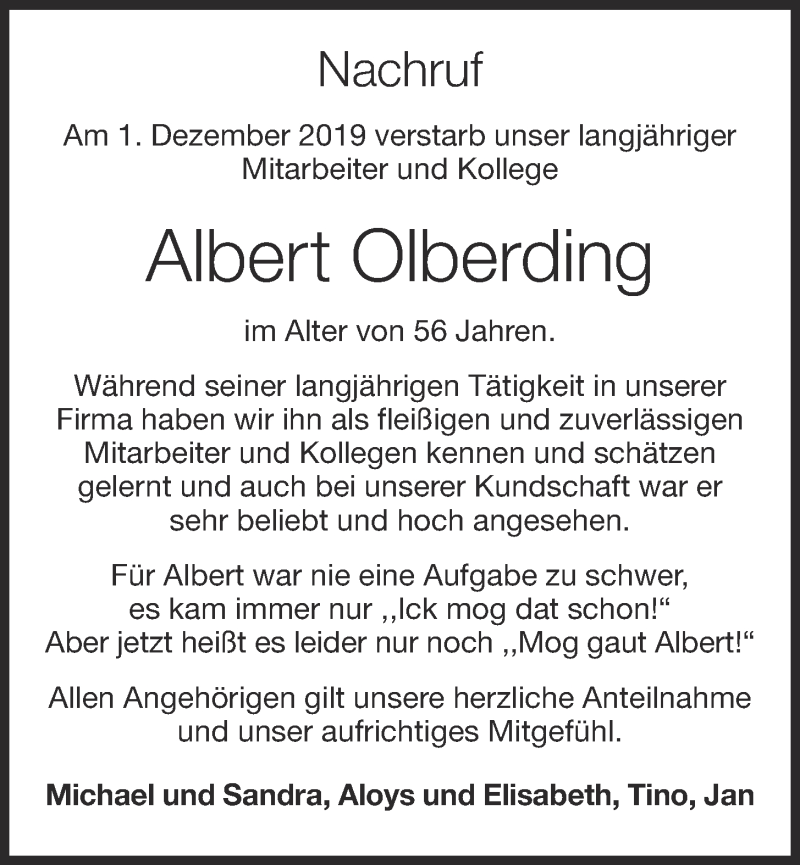  Traueranzeige für Albert Olberding vom 04.12.2019 aus OM-Medien