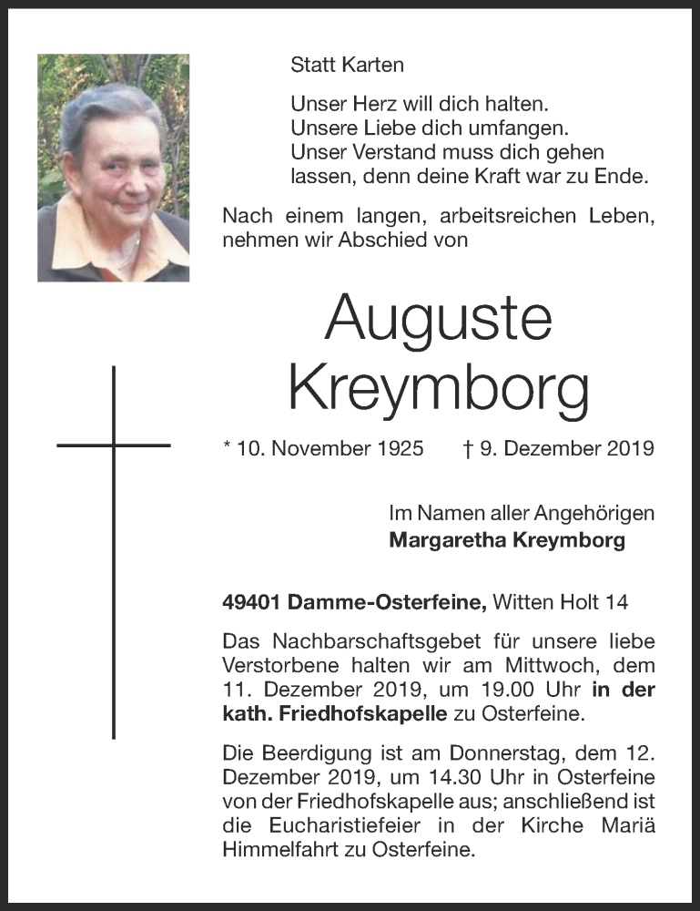  Traueranzeige für Auguste Kreymborg vom 10.12.2019 aus OM-Medien