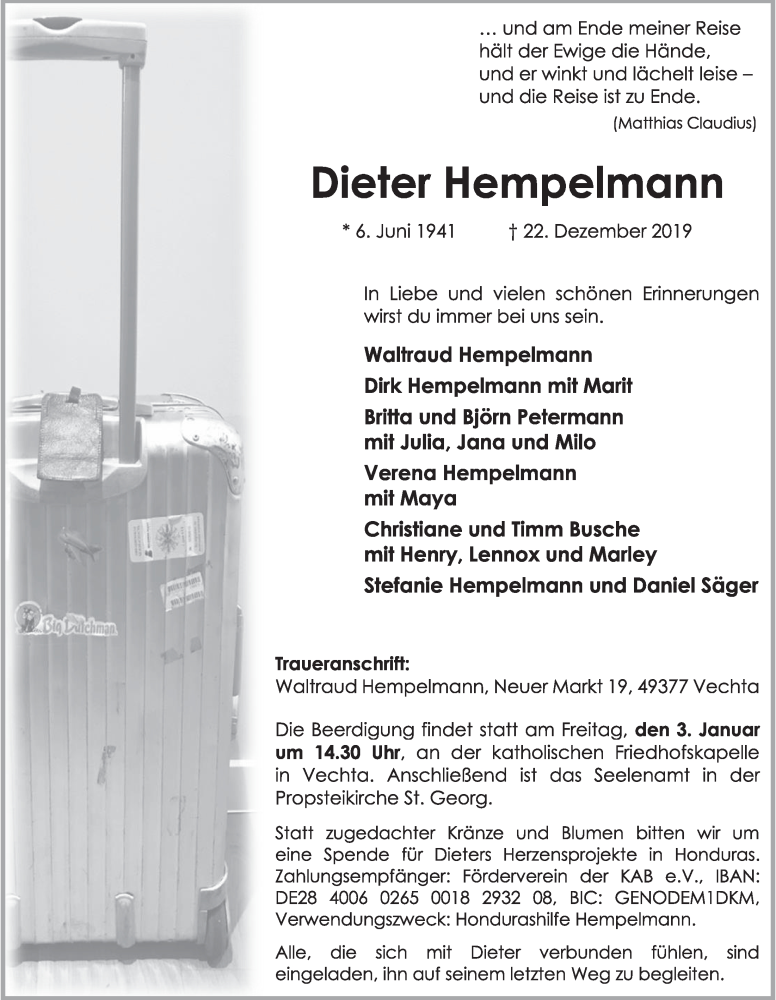  Traueranzeige für Dieter Hempelmann vom 27.12.2019 aus OM-Medien