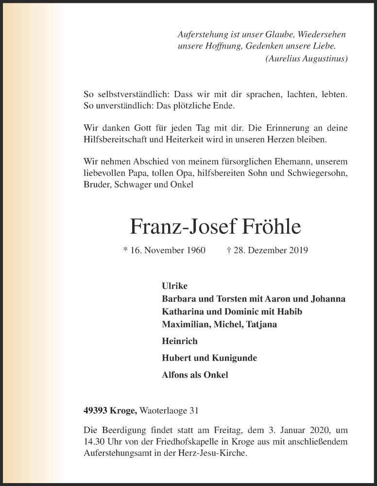  Traueranzeige für Franz-Josef Fröhle vom 31.12.2019 aus OM-Medien