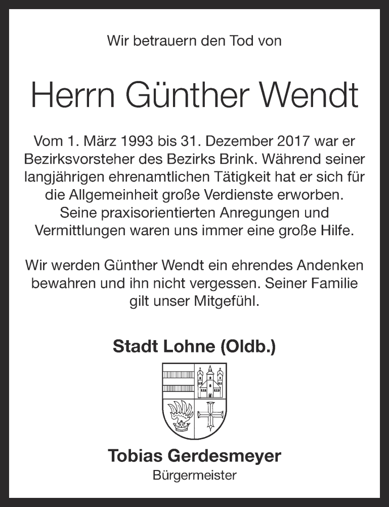  Traueranzeige für Günther Wendt vom 03.12.2019 aus OM-Medien