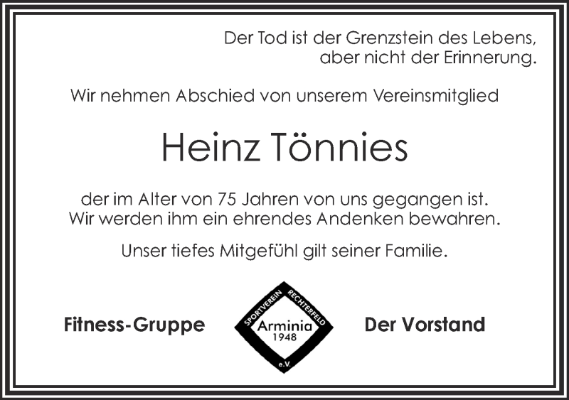  Traueranzeige für Heinz Tönnies vom 12.12.2019 aus OM-Medien