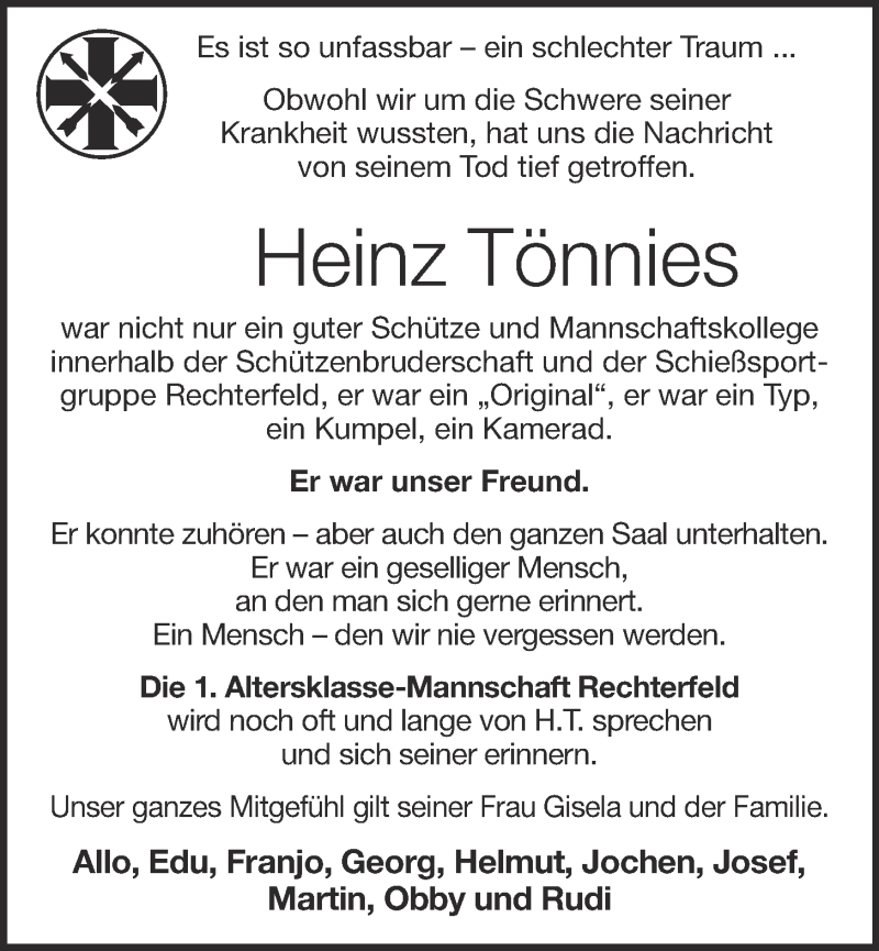  Traueranzeige für Heinz Tönnies vom 11.12.2019 aus OM-Medien