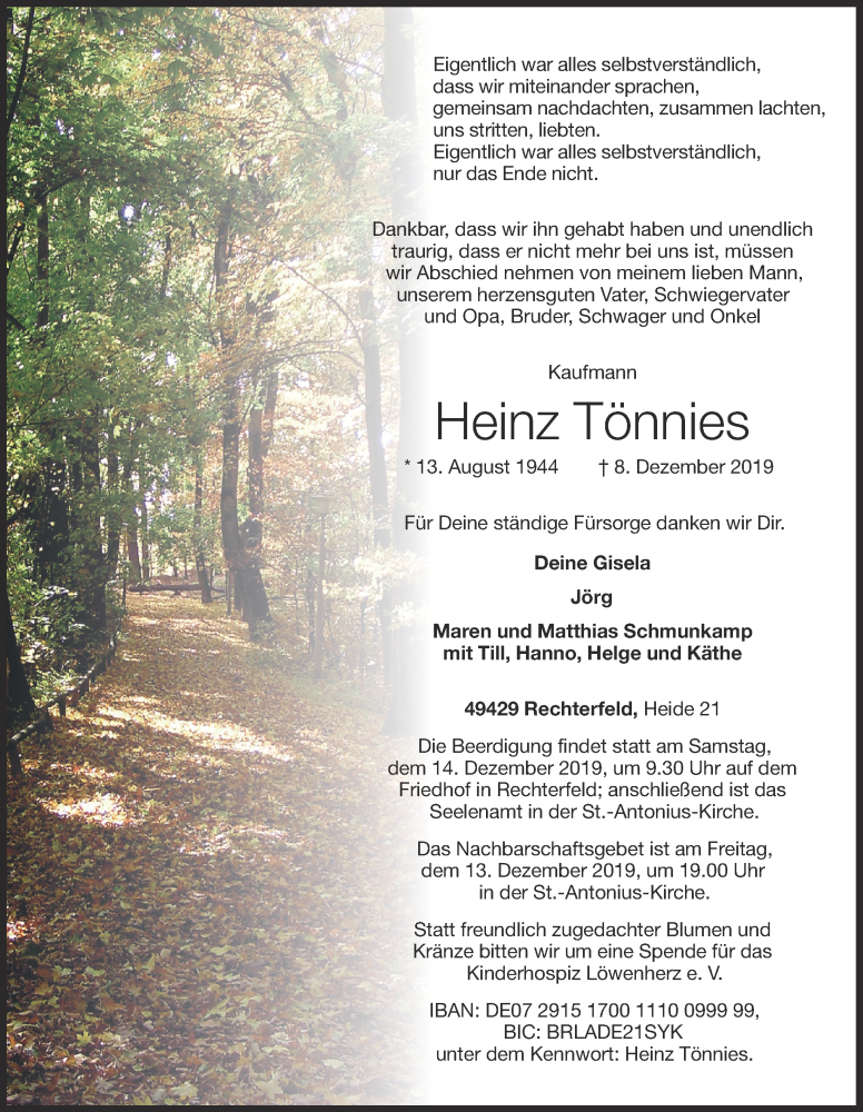  Traueranzeige für Heinz Tönnies vom 10.12.2019 aus OM-Medien
