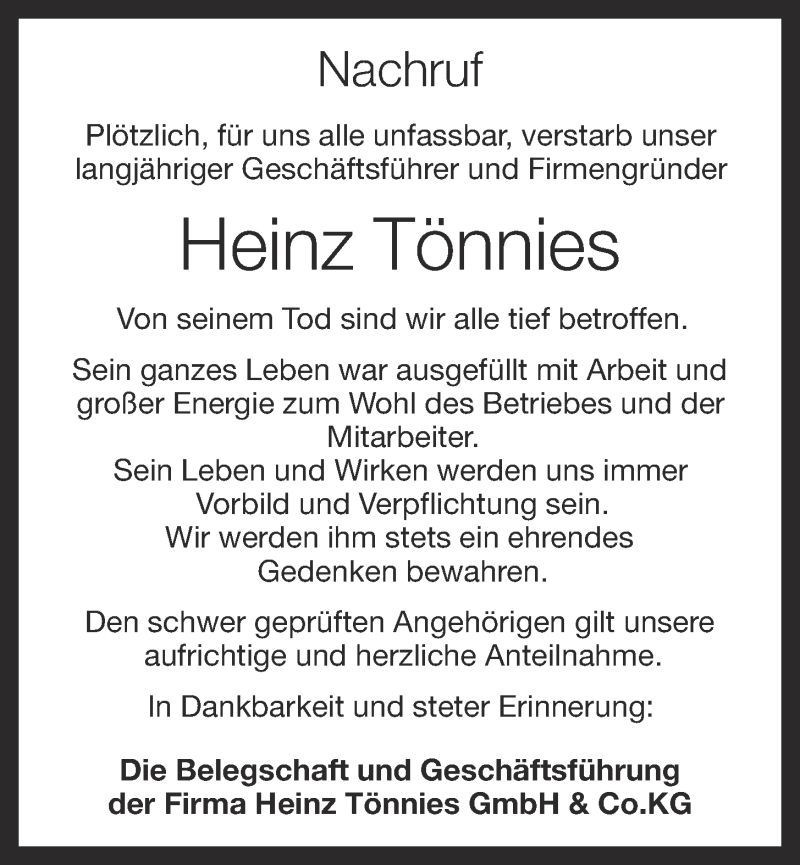  Traueranzeige für Heinz Tönnies vom 11.12.2019 aus OM-Medien