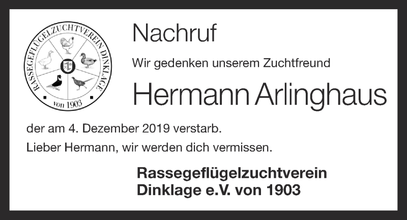  Traueranzeige für Hermann Arlinghaus vom 07.12.2019 aus OM-Medien