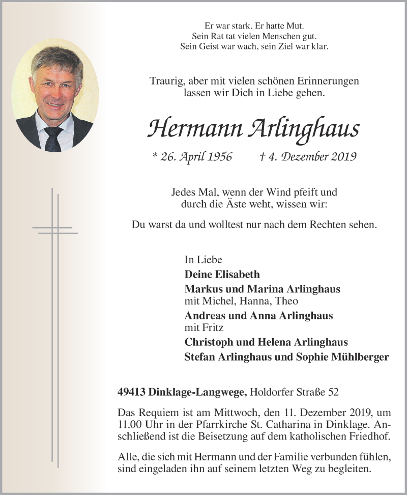  Traueranzeige für Hermann Arlinghaus vom 06.12.2019 aus OM-Medien
