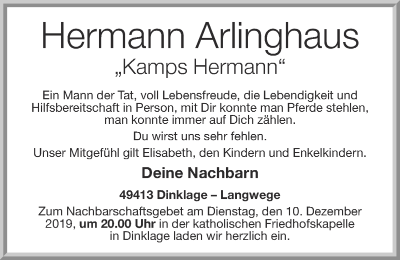  Traueranzeige für Hermann Arlinghaus vom 09.12.2019 aus OM-Medien