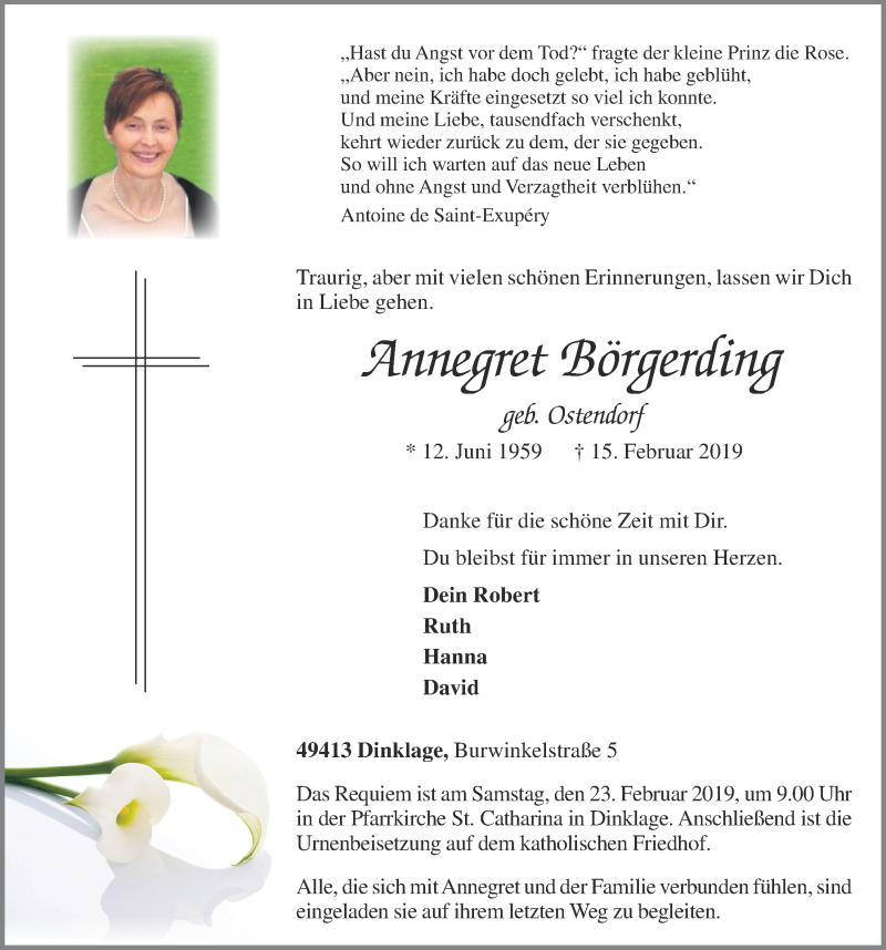  Traueranzeige für Annegret Börgerding vom 18.02.2019 aus OM-Medien
