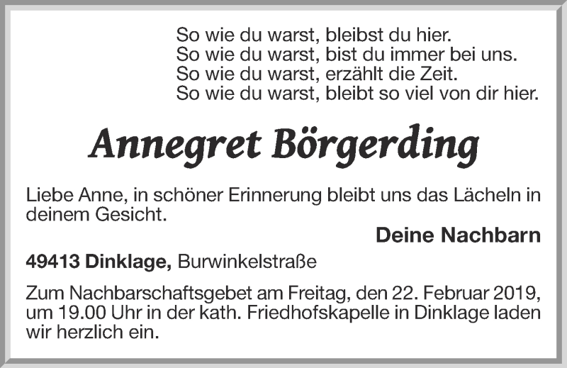  Traueranzeige für Annegret Börgerding vom 20.02.2019 aus OM-Medien
