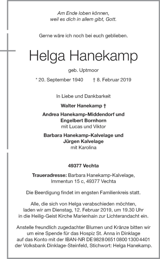  Traueranzeige für Helga Hanekamp vom 11.02.2019 aus OM-Medien