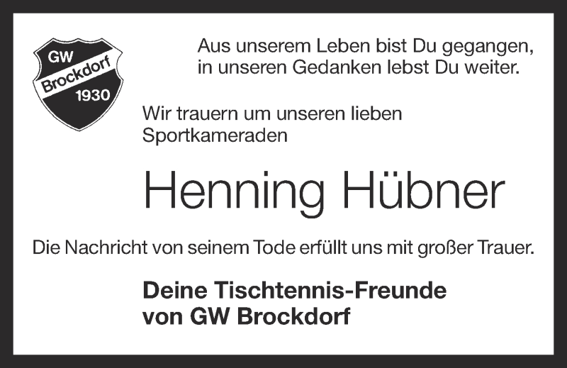  Traueranzeige für Henning Hübner vom 09.02.2019 aus OM-Medien