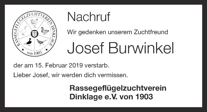  Traueranzeige für Josef Burwinkel vom 19.02.2019 aus OM-Medien