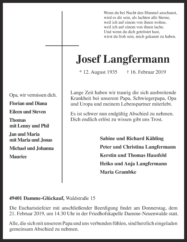  Traueranzeige für Josef Langfermann vom 18.02.2019 aus OM-Medien