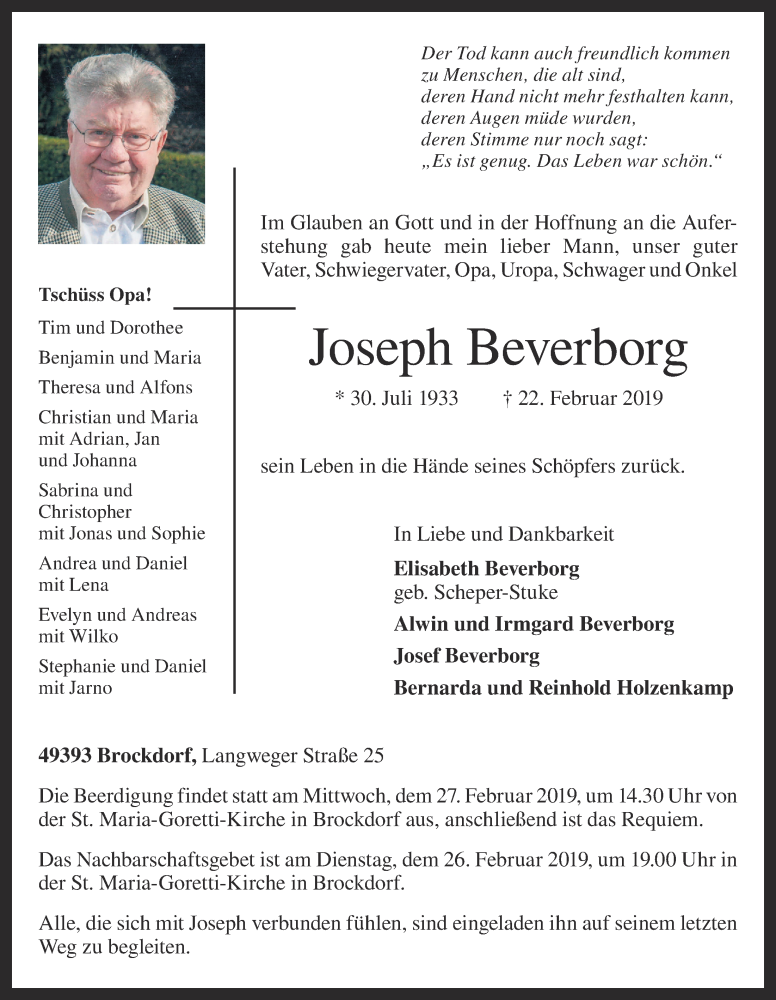  Traueranzeige für Joseph Beverborg vom 25.02.2019 aus OM-Medien