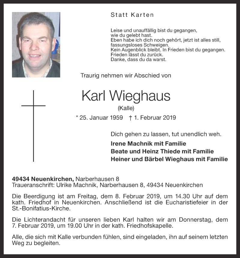 Traueranzeige für Karl Wieghaus vom 06.02.2019 aus OM-Medien