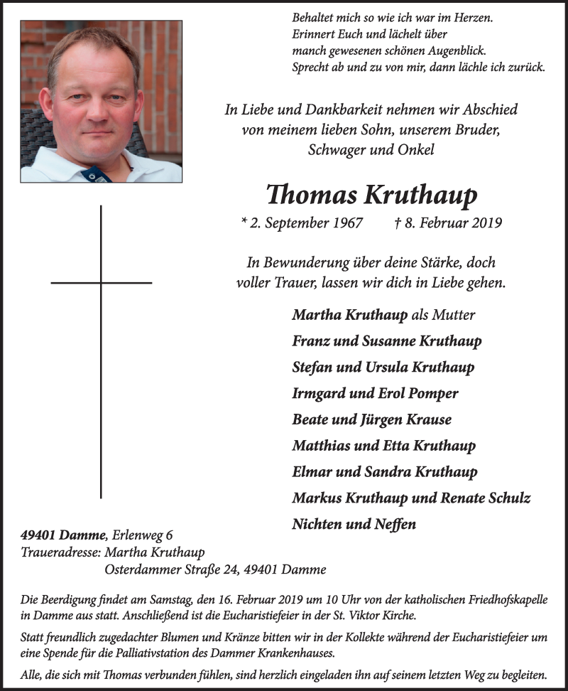  Traueranzeige für Thomas Kruthaup vom 12.02.2019 aus OM-Medien