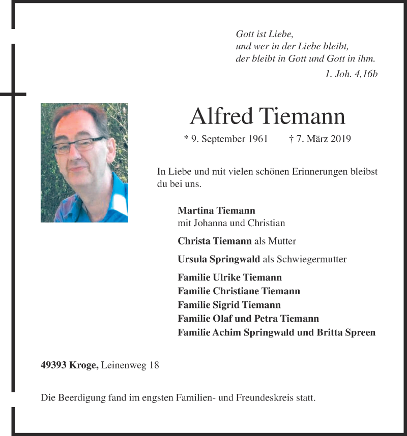  Traueranzeige für Alfred Tiemann vom 16.03.2019 aus OM-Medien