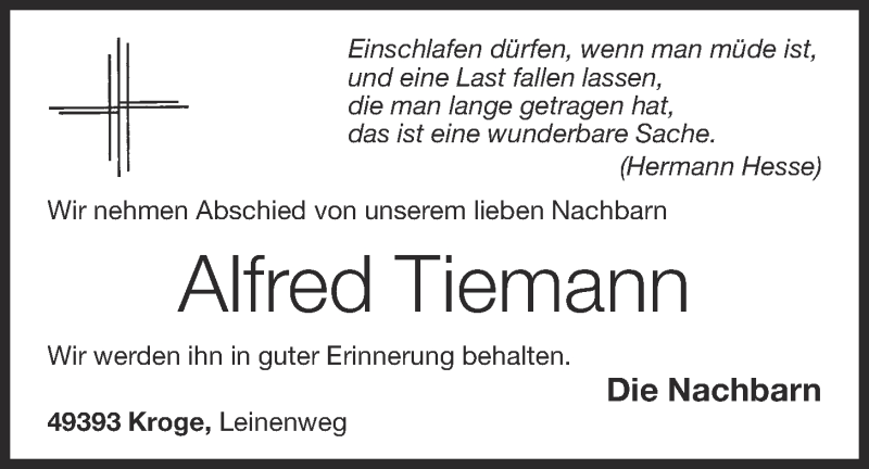  Traueranzeige für Alfred Tiemann vom 16.03.2019 aus OM-Medien