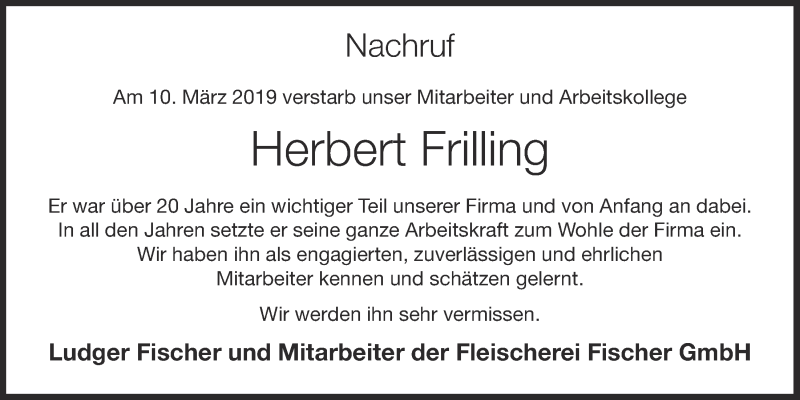  Traueranzeige für Herbert Frilling vom 14.03.2019 aus OM-Medien