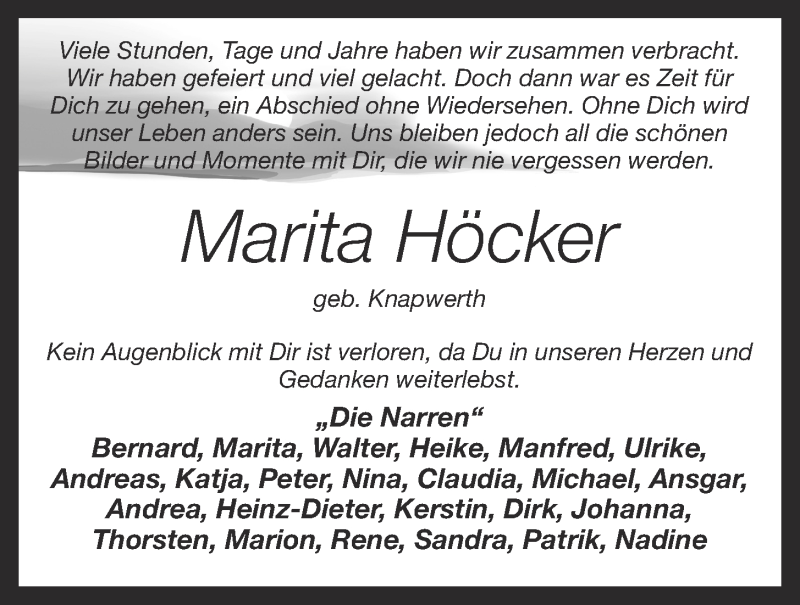  Traueranzeige für Marita Höcker vom 13.03.2019 aus OM-Medien
