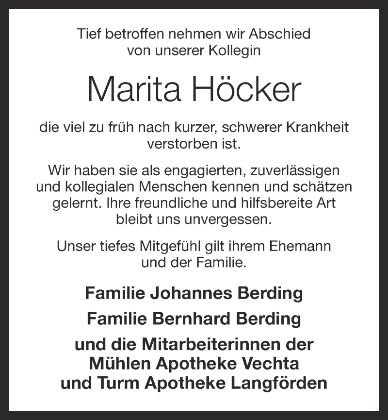  Traueranzeige für Marita Höcker vom 14.03.2019 aus OM-Medien