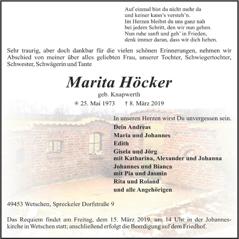  Traueranzeige für Marita Höcker vom 12.03.2019 aus OM-Medien