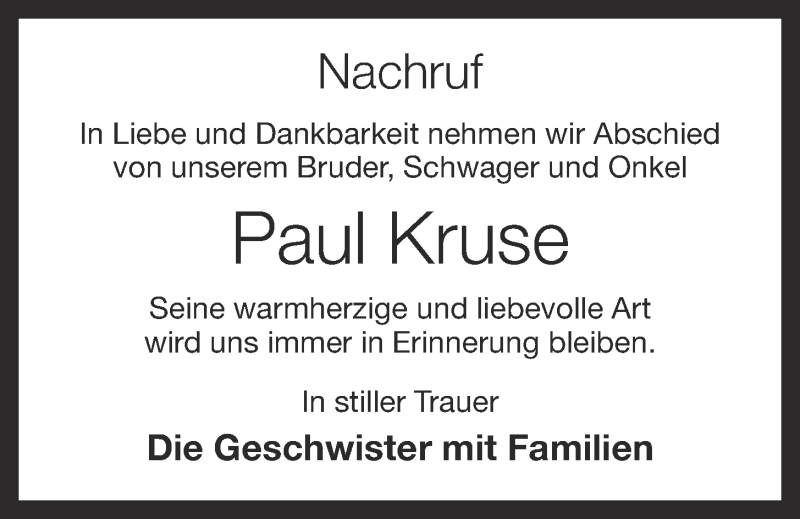  Traueranzeige für Paul Kruse vom 25.03.2019 aus OM-Medien