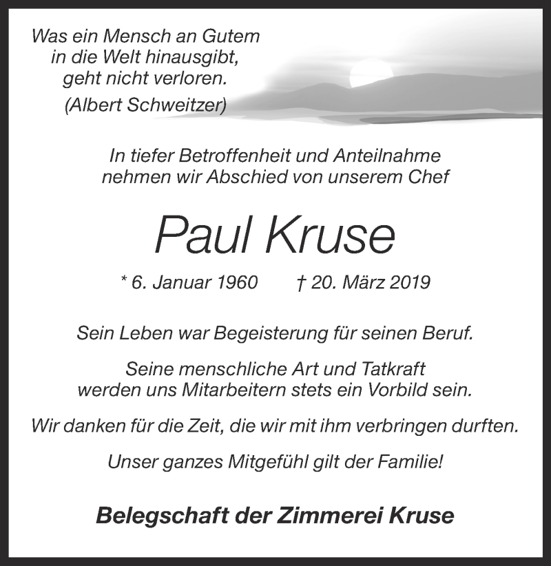  Traueranzeige für Paul Kruse vom 23.03.2019 aus OM-Medien
