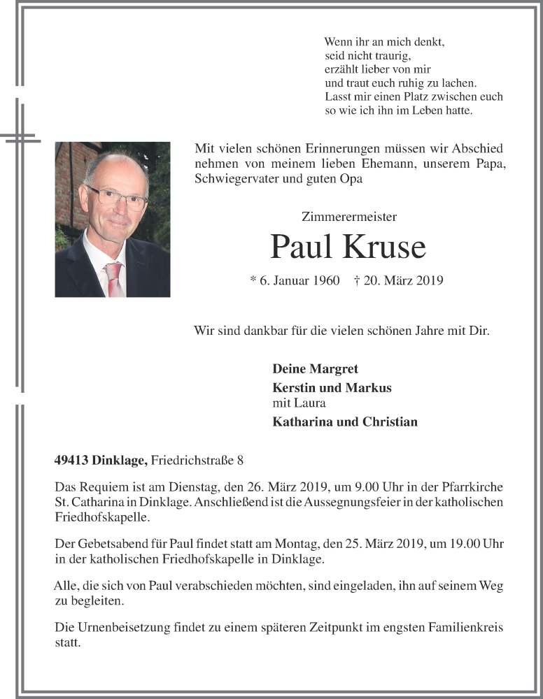  Traueranzeige für Paul Kruse vom 23.03.2019 aus OM-Medien