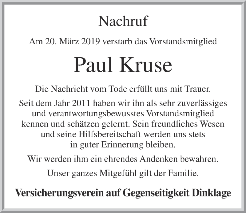  Traueranzeige für Paul Kruse vom 25.03.2019 aus OM-Medien
