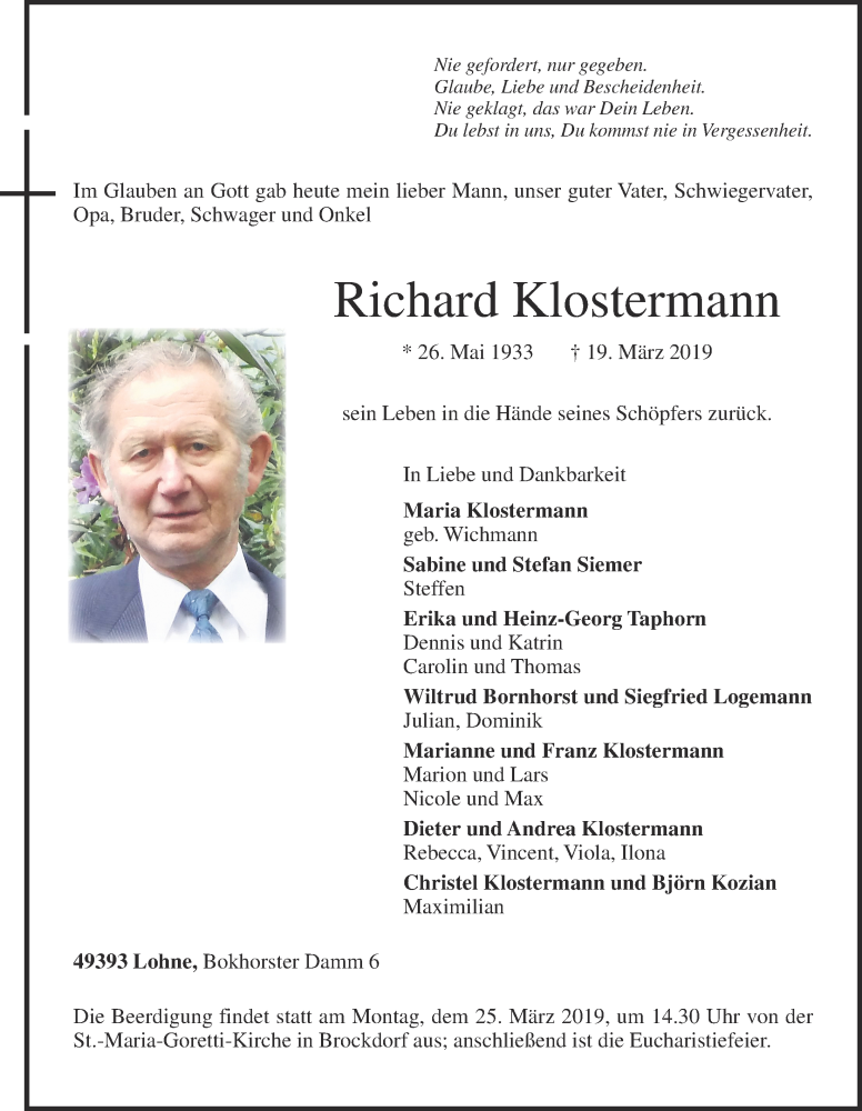  Traueranzeige für Richard Klostermann vom 21.03.2019 aus OM-Medien