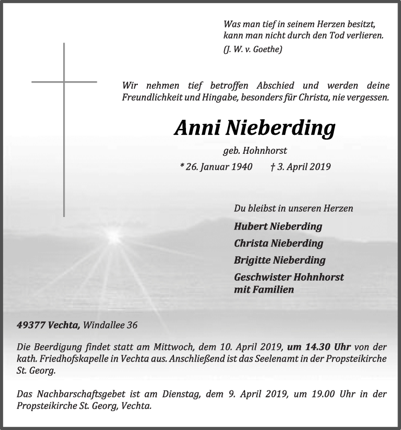  Traueranzeige für Anni Nieberding vom 06.04.2019 aus OM-Medien
