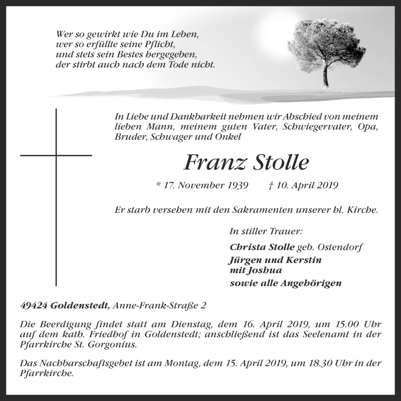  Traueranzeige für Franz Stolle vom 11.04.2019 aus OM-Medien
