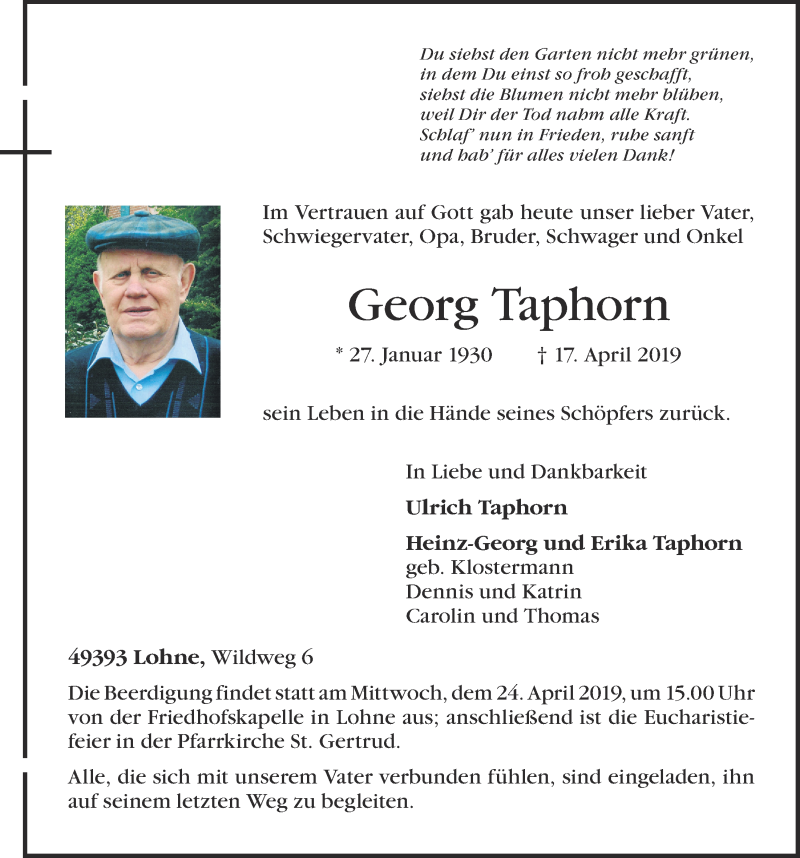  Traueranzeige für Georg Taphorn vom 20.04.2019 aus OM-Medien