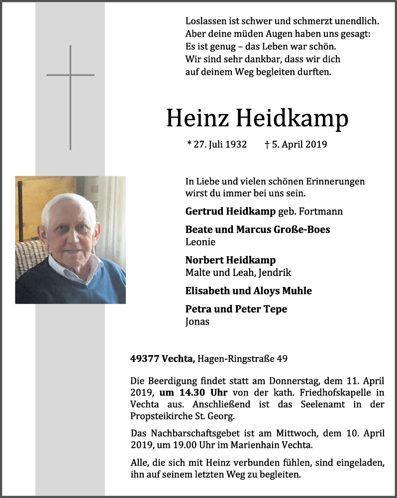  Traueranzeige für Heinz Heidkamp vom 08.04.2019 aus OM-Medien