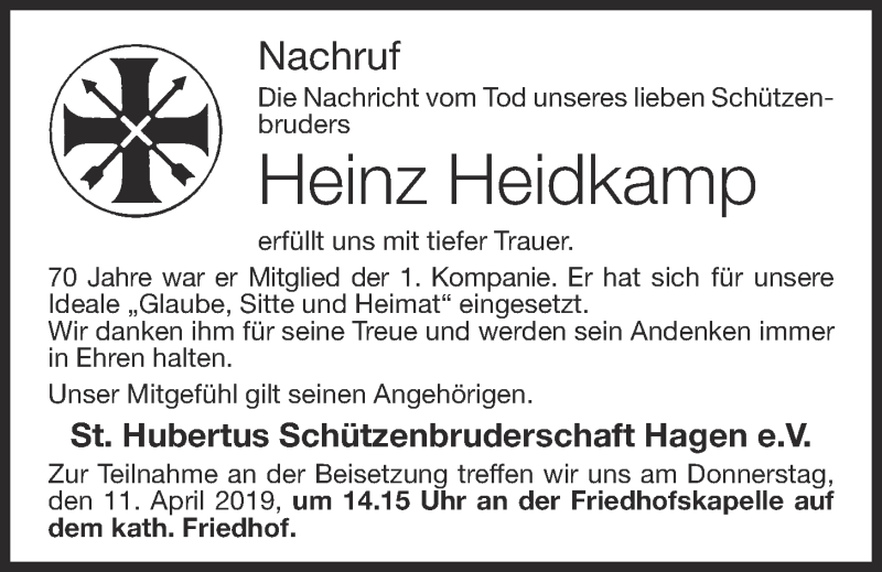  Traueranzeige für Heinz Heidkamp vom 09.04.2019 aus OM-Medien