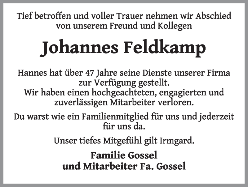  Traueranzeige für Johannes Feldkamp vom 02.04.2019 aus OM-Medien