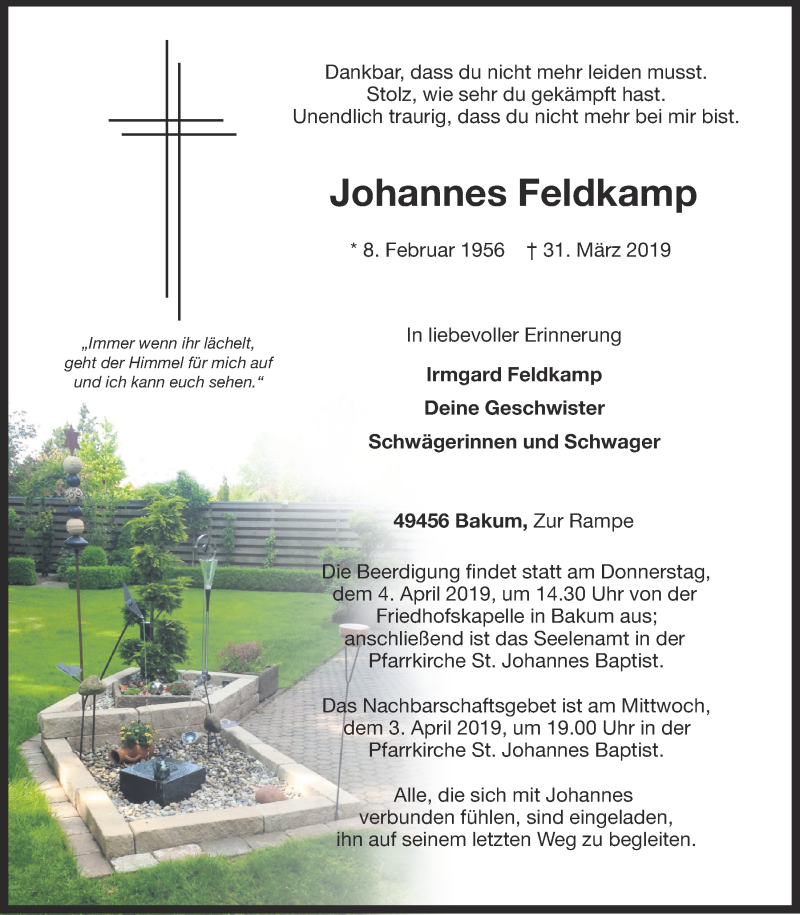  Traueranzeige für Johannes Feldkamp vom 01.04.2019 aus OM-Medien