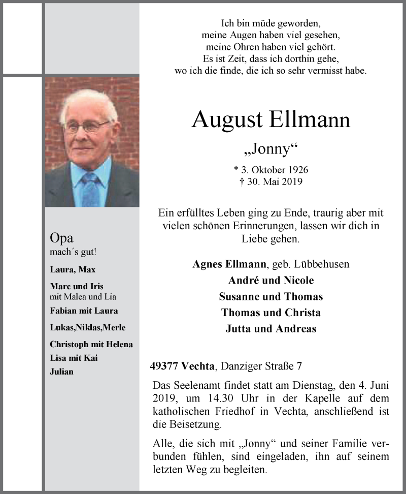  Traueranzeige für August Ellmann vom 31.05.2019 aus OM-Medien